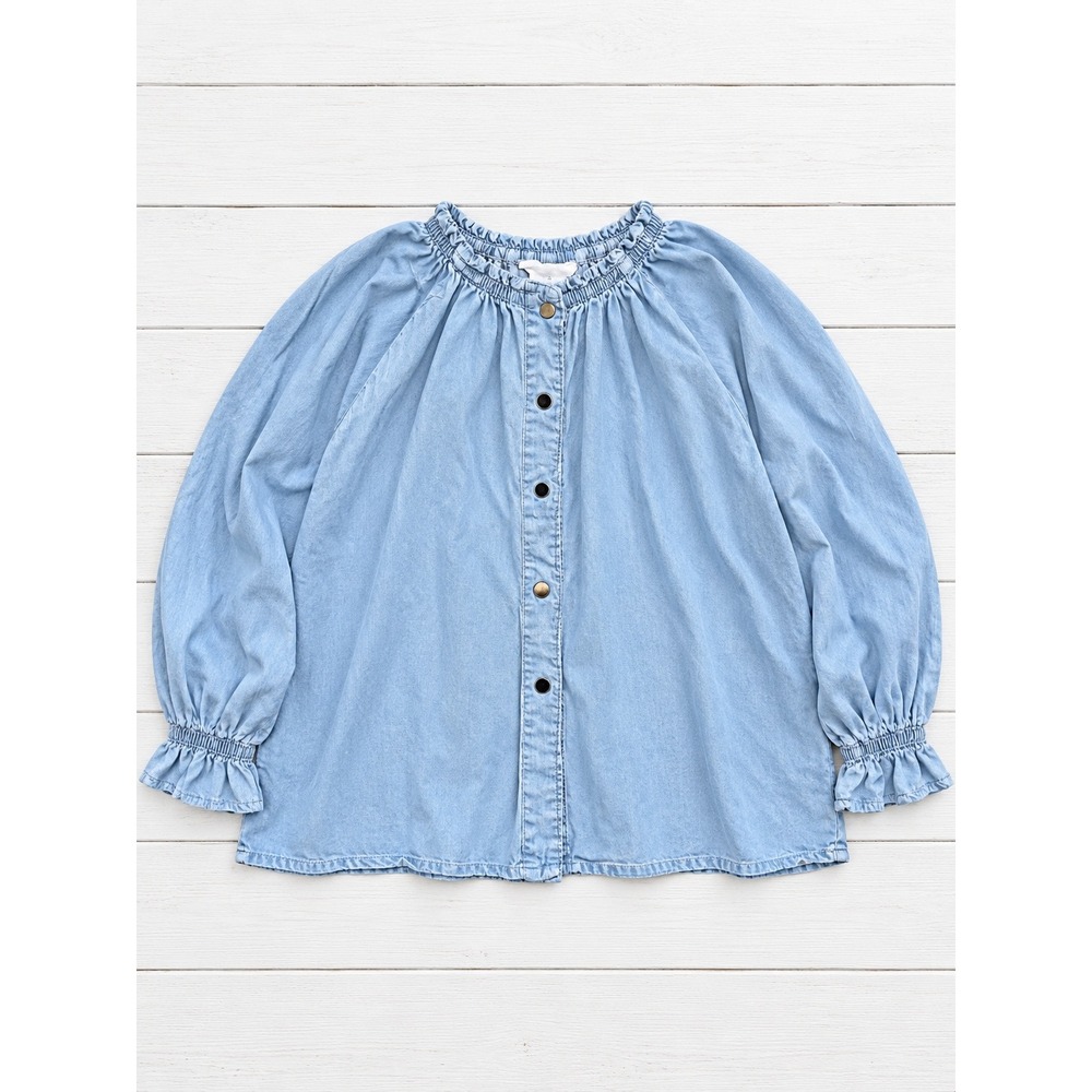 Republic Top Tencel Lyocell Denim Blue Ruffle Neck Long Sleeve Boho Blouse XS